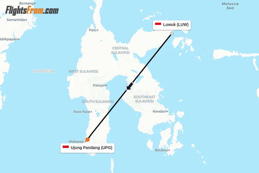 Flights from Luwuk to Ujung Pandang route map