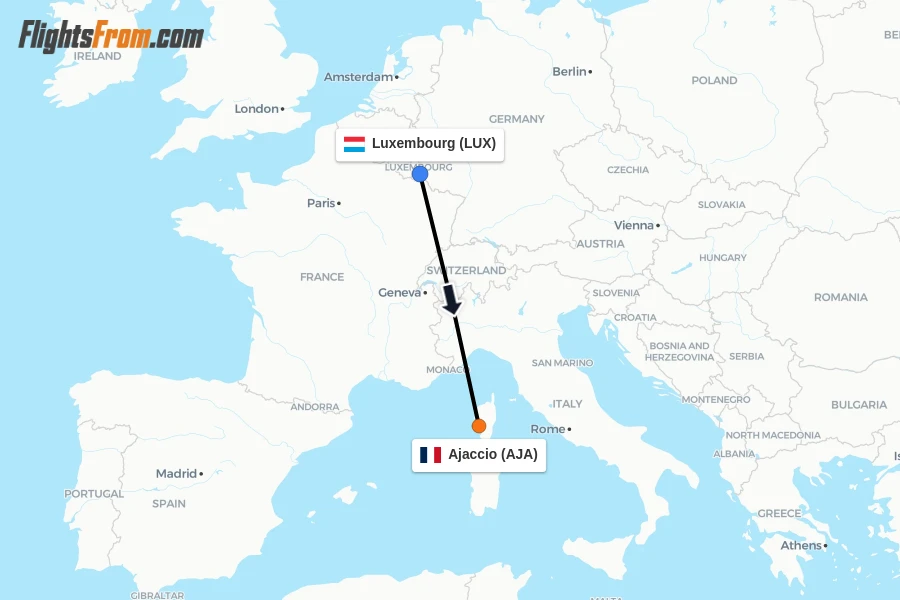 Flights from Luxembourg to Ajaccio route map