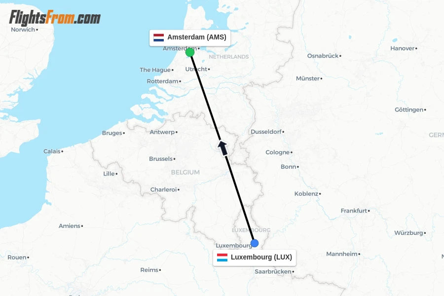 Flights from Luxembourg to Amsterdam route map