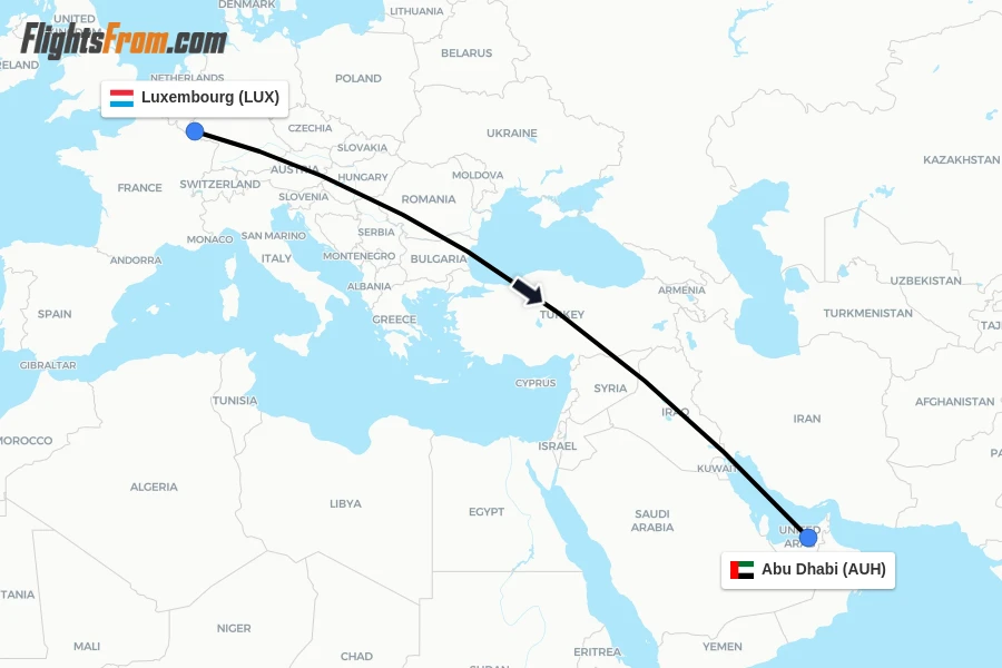 Flights from Luxembourg to Abu Dhabi route map