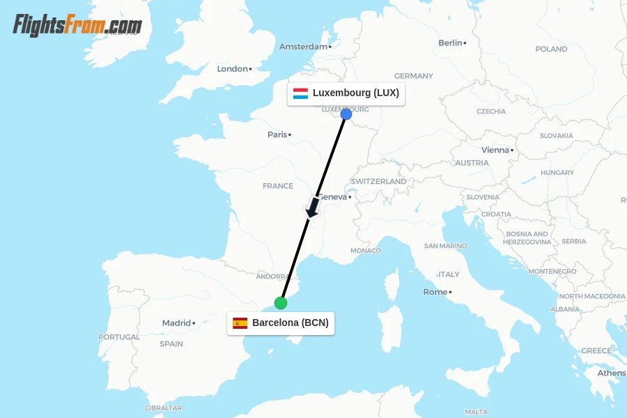 Flights from Luxembourg to Barcelona route map