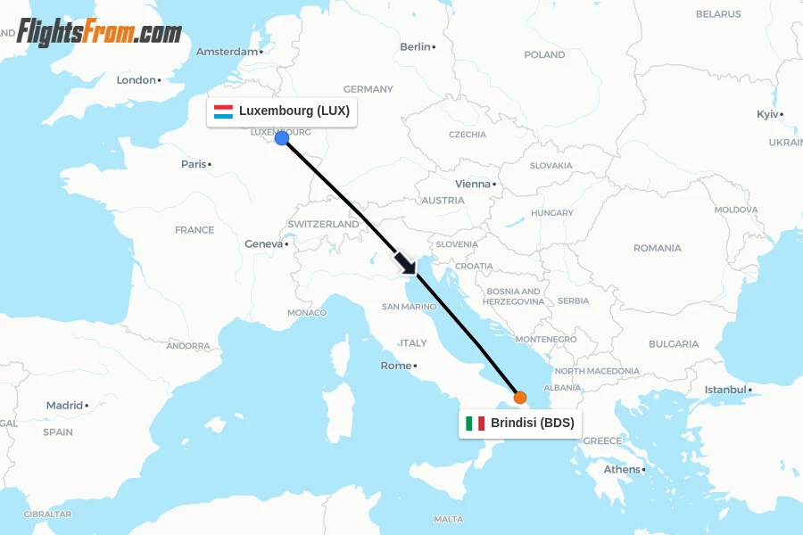 Flights from Luxembourg to Brindisi route map