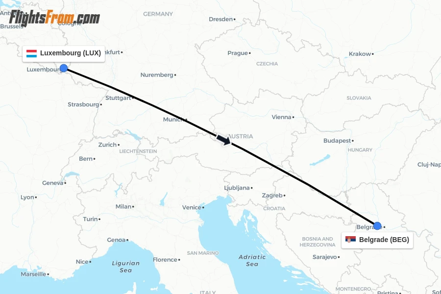 Flights from Luxembourg to Belgrade route map