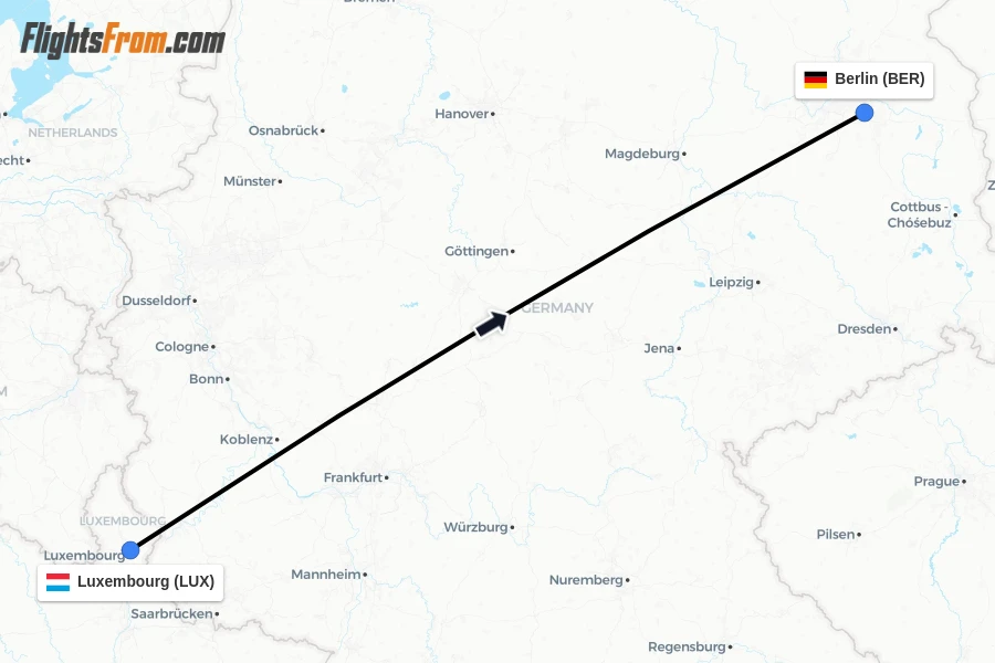 Flights from Luxembourg to Berlin route map
