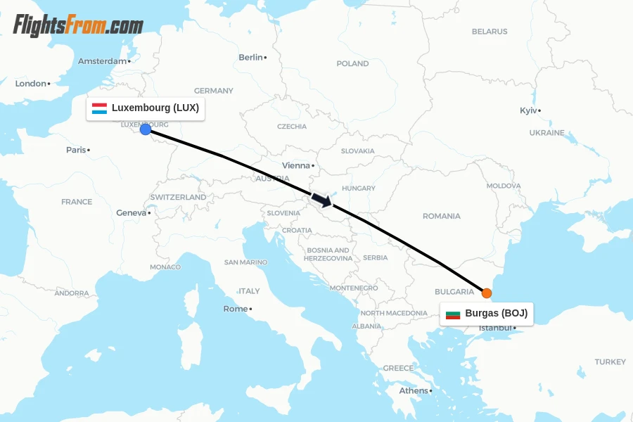 Flights from Luxembourg to Burgas route map