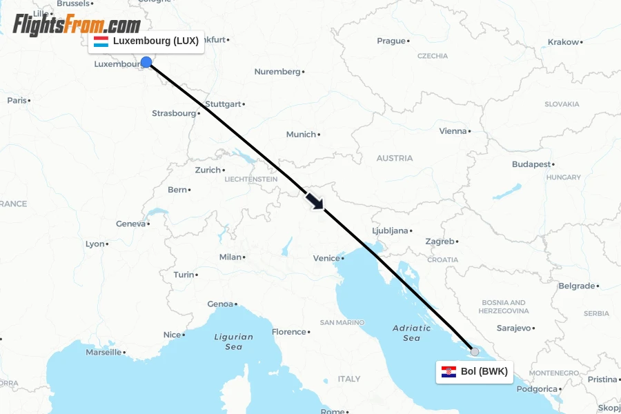 Flights from Luxembourg to Bol route map
