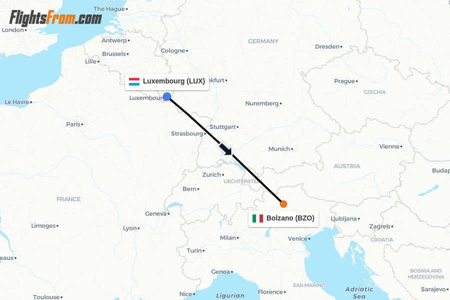 Flights from Luxembourg to Bolzano route map