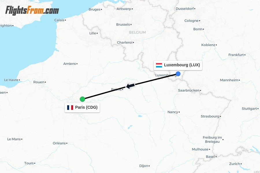 Flights from Luxembourg to Paris route map