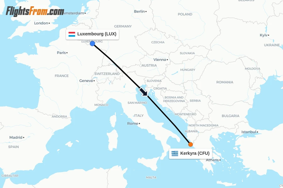 Flights from Luxembourg to Kerkyra route map