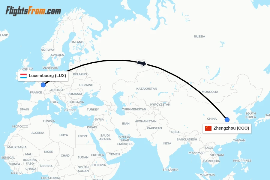 Flights from Luxembourg to Zhengzhou route map