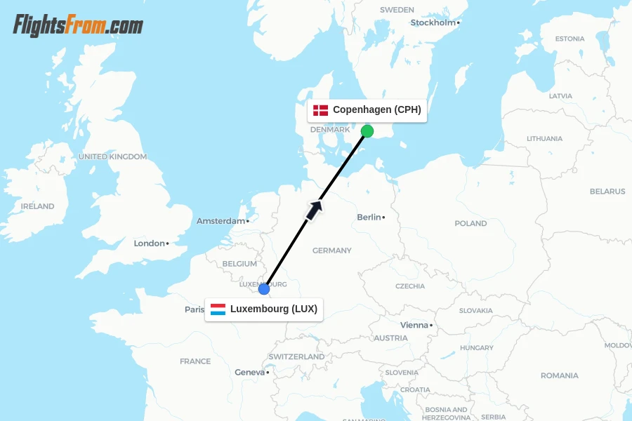 Flights from Luxembourg to Copenhagen route map