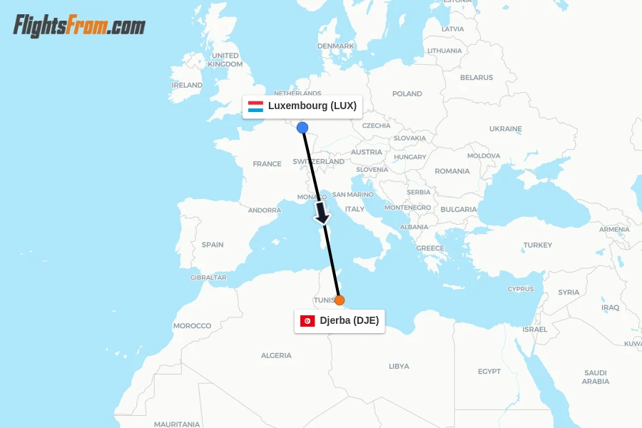 Flights from Luxembourg to Djerba route map