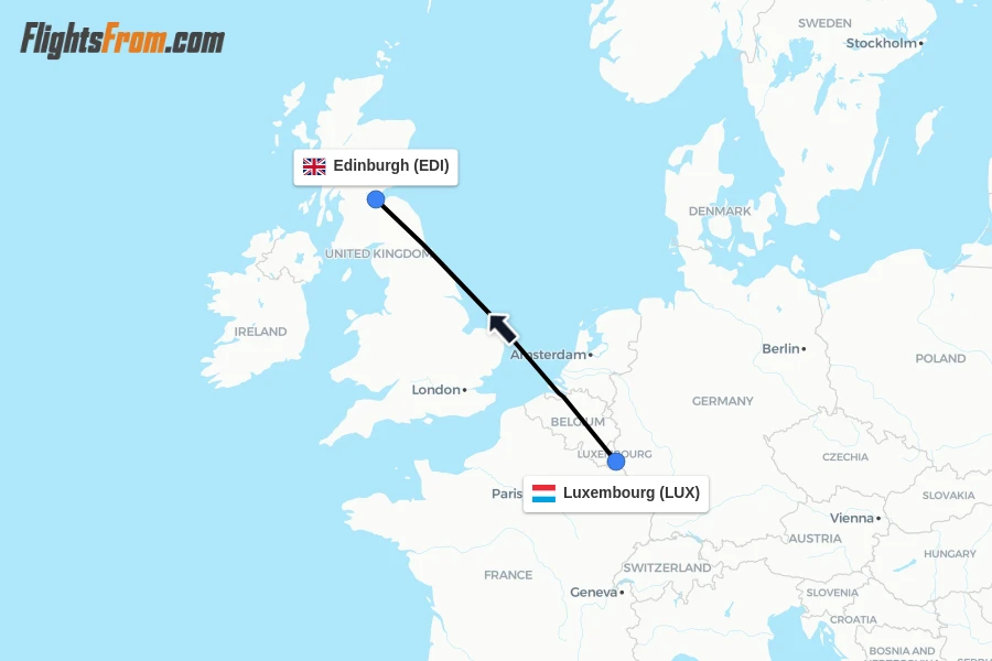 Flights from Luxembourg to Edinburgh route map