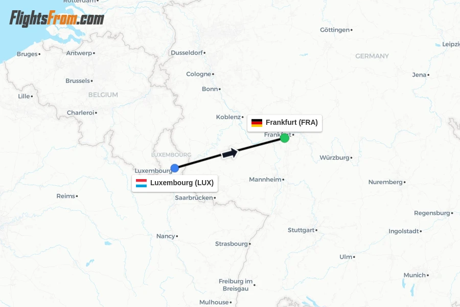 Flights from Luxembourg to Frankfurt route map