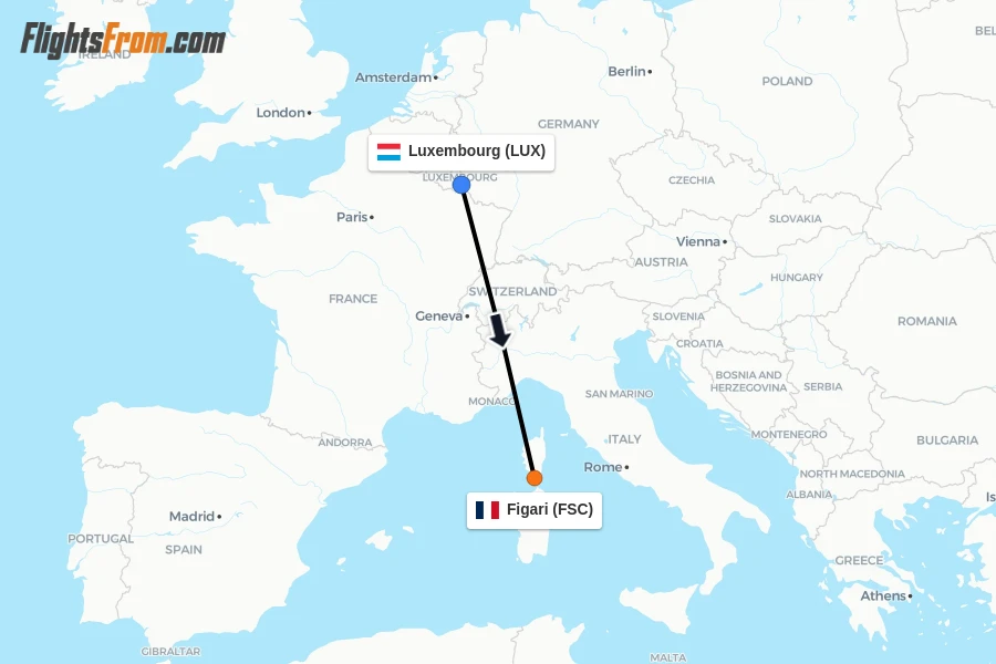 Flights from Luxembourg to Figari route map