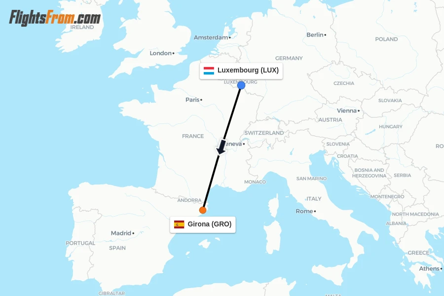 Flights from Luxembourg to Girona route map