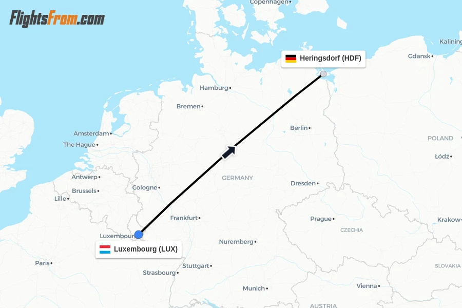 Flights from Luxembourg to Heringsdorf route map