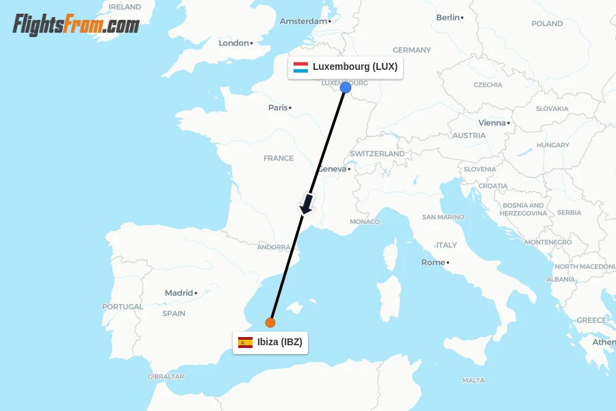 Flights from Luxembourg to Ibiza route map