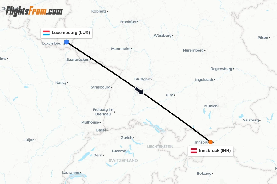 Flights from Luxembourg to Innsbruck route map
