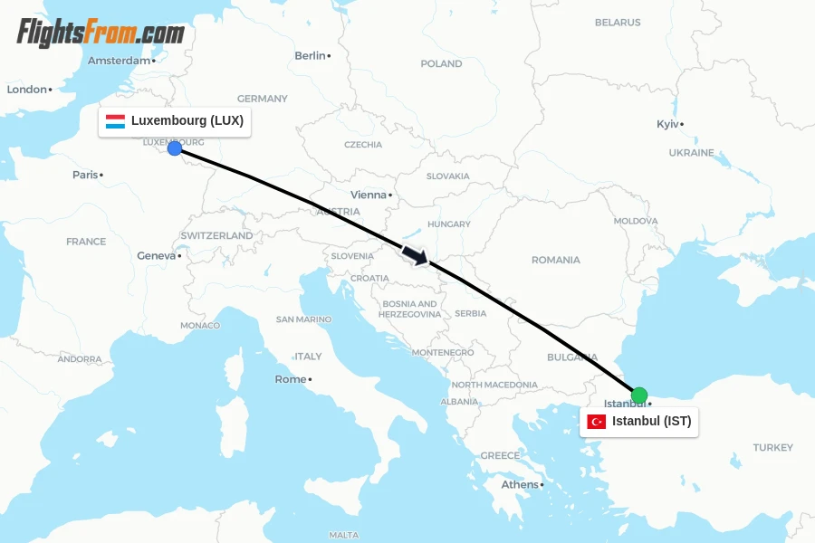 Flights from Luxembourg to Istanbul route map