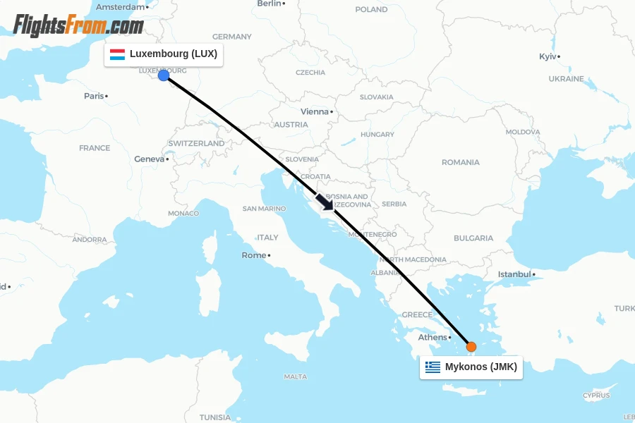Flights from Luxembourg to Mykonos route map
