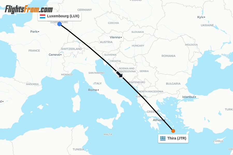 Flights from Luxembourg to Thira route map
