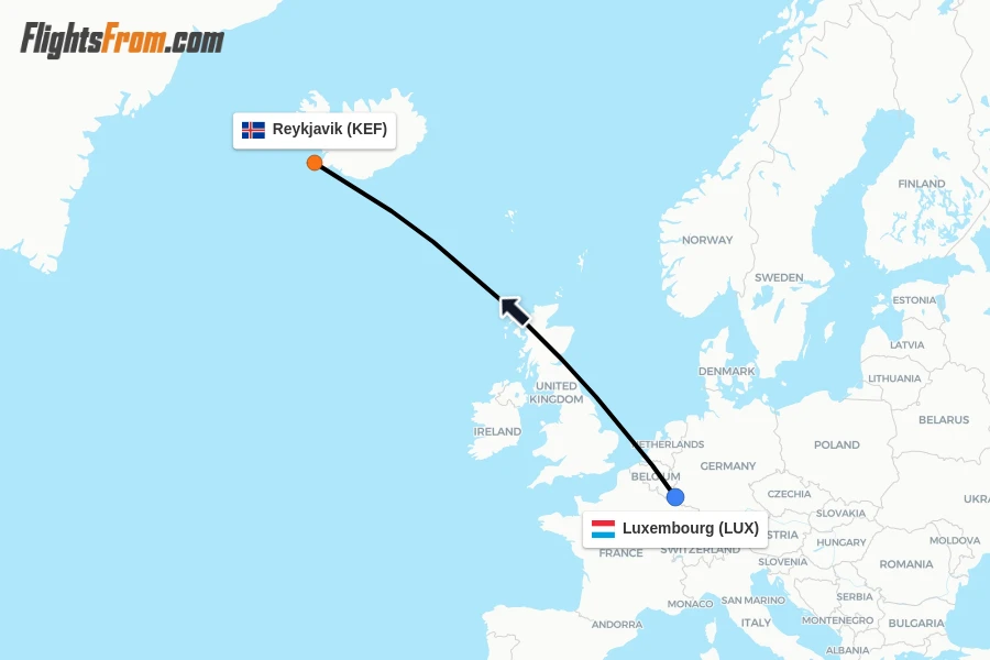 Flights from Luxembourg to Reykjavik route map
