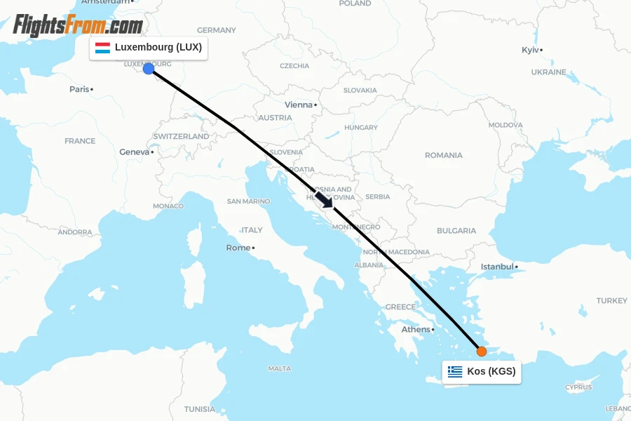 Flights from Luxembourg to Kos route map