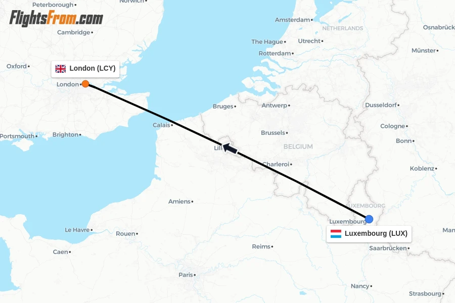 Flights from Luxembourg to London route map