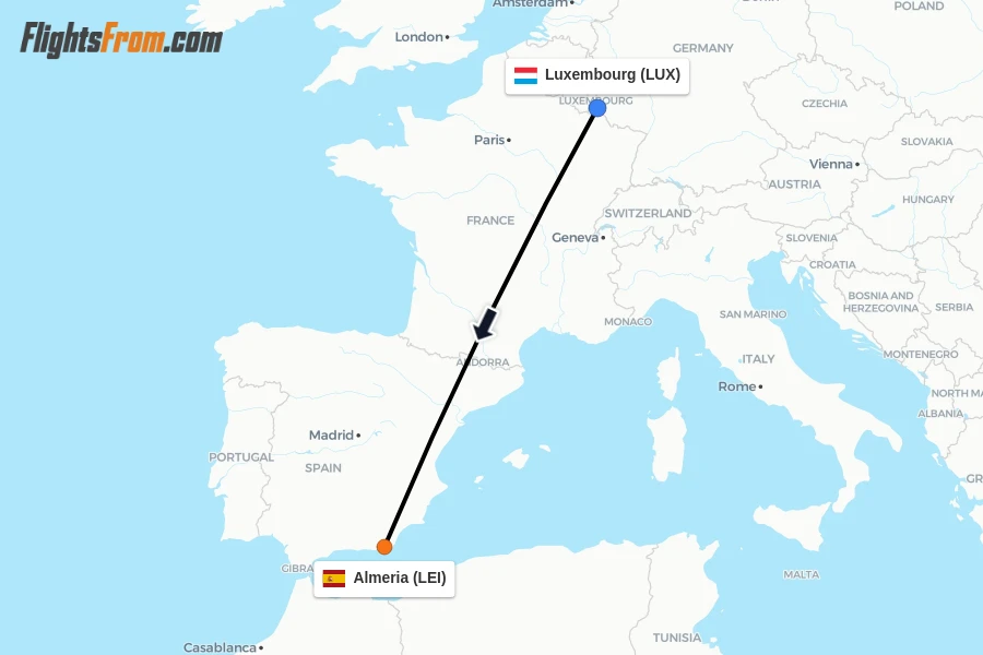 Flights from Luxembourg to Almeria route map
