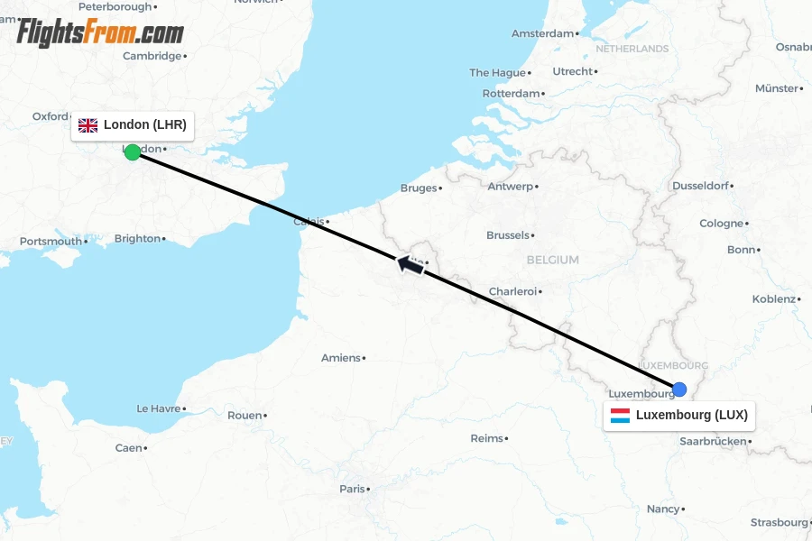 Flights from Luxembourg to London route map
