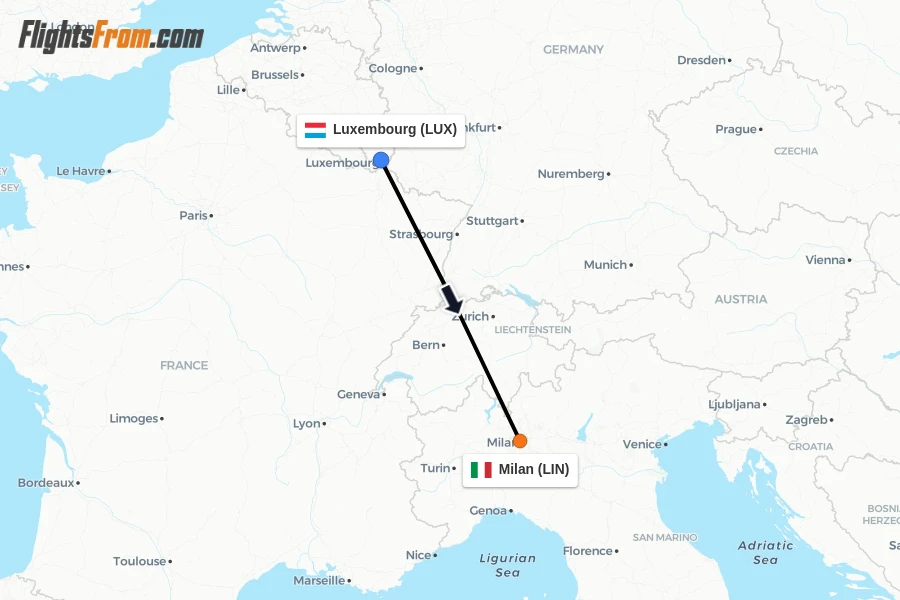 Flights from Luxembourg to Milan route map