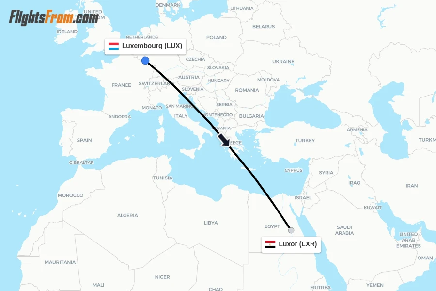 Flights from Luxembourg to Luxor route map