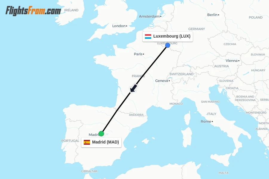 Flights from Luxembourg to Madrid route map