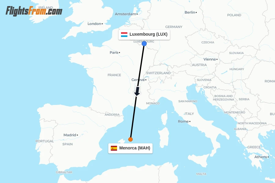 Flights from Luxembourg to Menorca route map