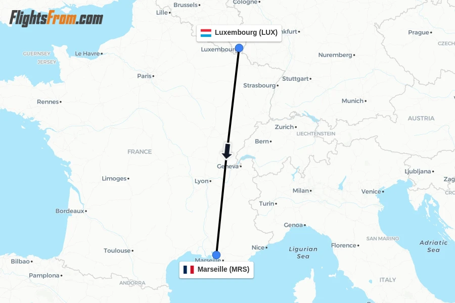 Flights from Luxembourg to Marseille route map