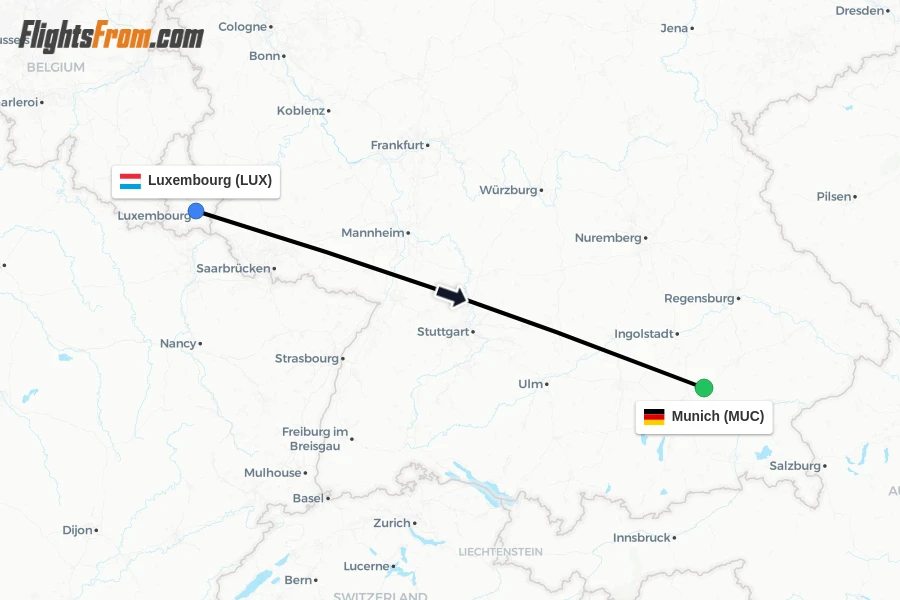 Flights from Luxembourg to Munich route map