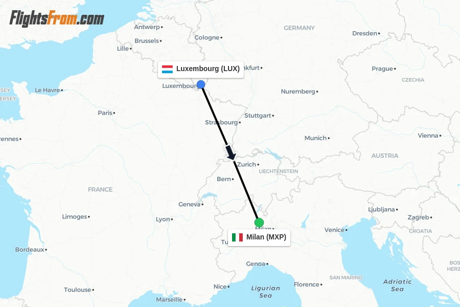 Flights from Luxembourg to Milan route map