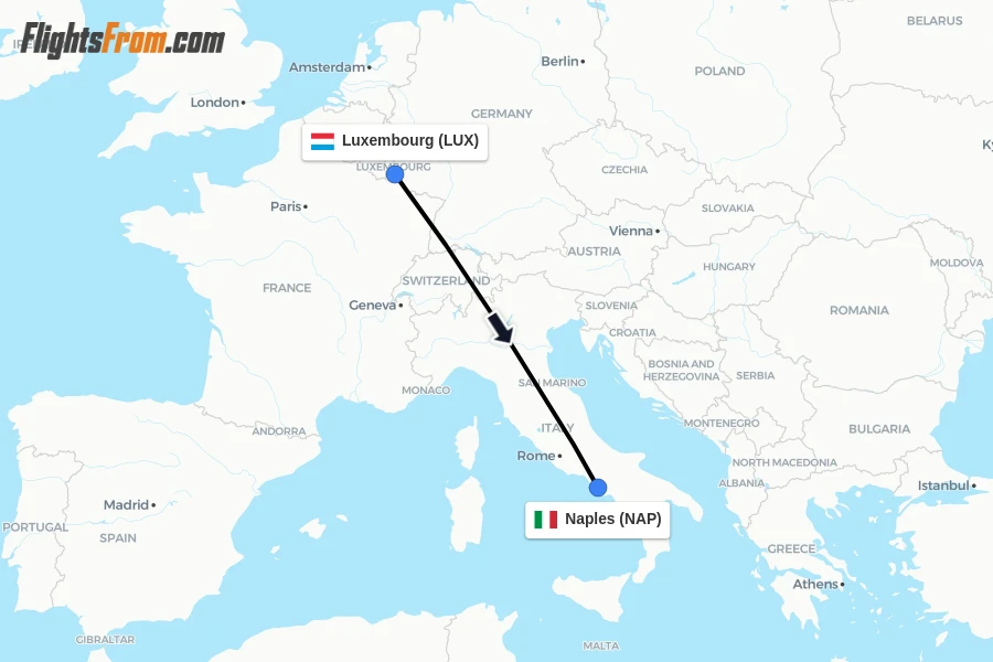 Flights from Luxembourg to Naples route map