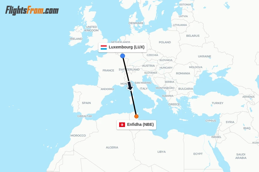 Flights from Luxembourg to Enfidha route map