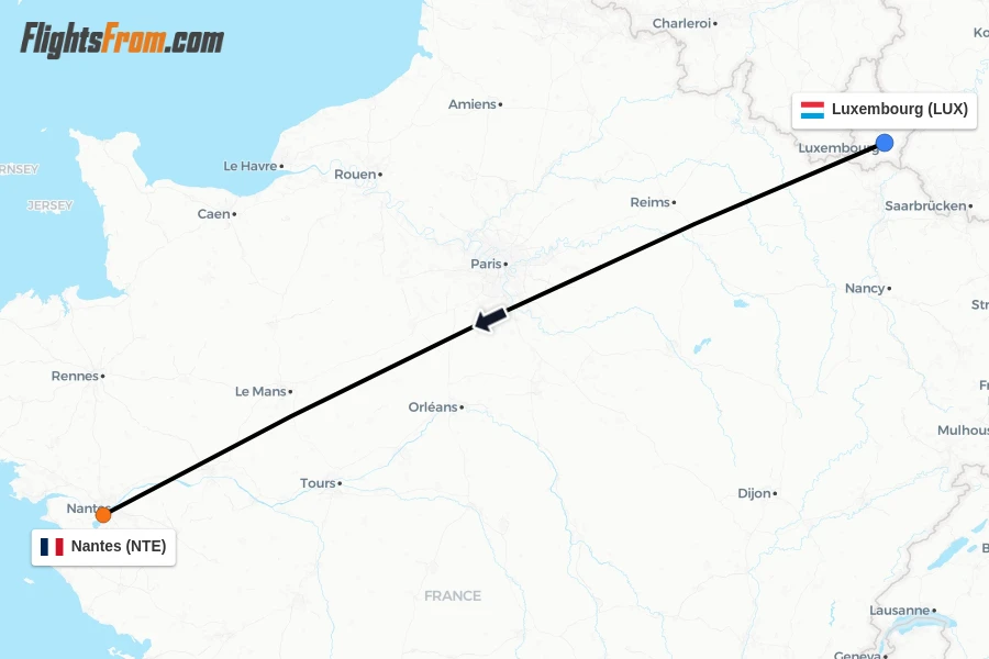 Flights from Luxembourg to Nantes route map