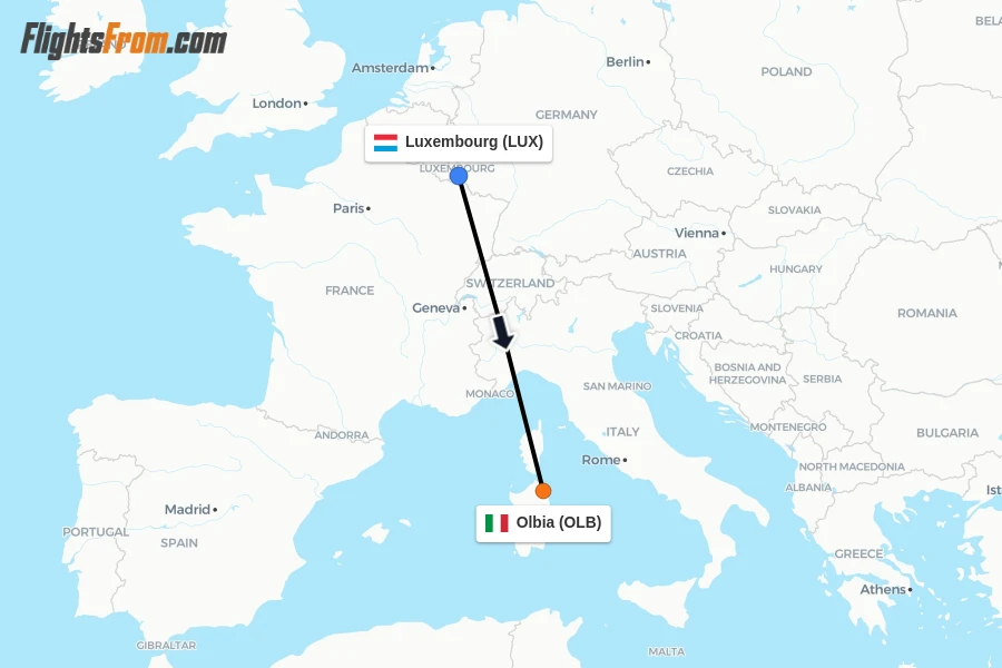 Flights from Luxembourg to Olbia route map