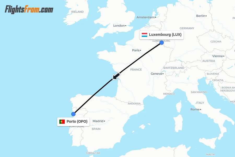 Flights from Luxembourg to Porto route map
