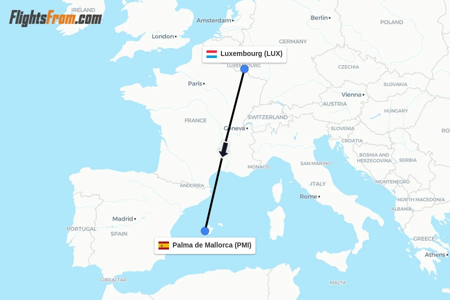 Flights from Luxembourg to Palma de Mallorca route map