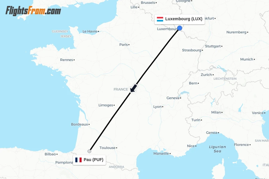 Flights from Luxembourg to Pau route map