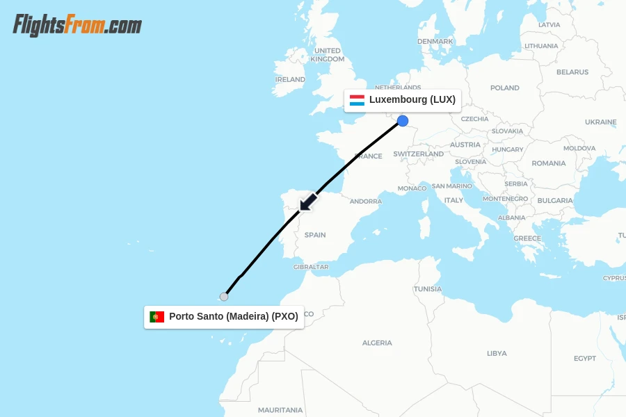 Flights from Luxembourg to Porto Santo (Madeira) route map