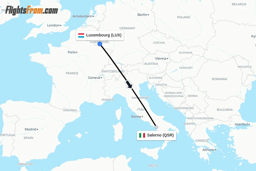 Flights from Luxembourg to Salerno route map