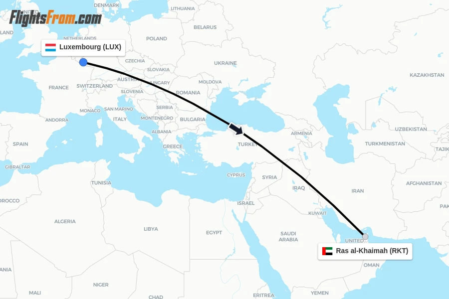 Flights from Luxembourg to Ras al-Khaimah route map