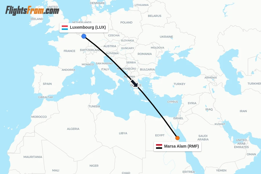 Flights from Luxembourg to Marsa Alam route map