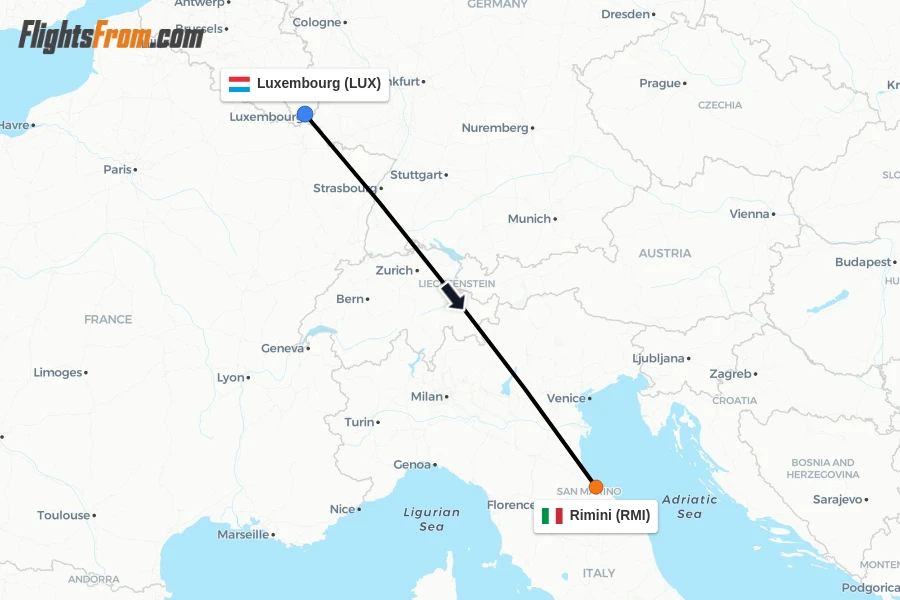 Flights from Luxembourg to Rimini route map